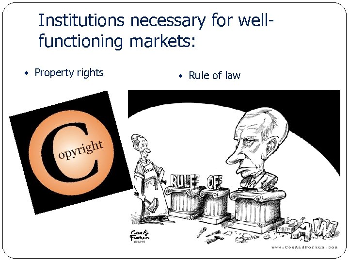 Institutions necessary for wellfunctioning markets: Property rights Economics for Leaders Rule of law 