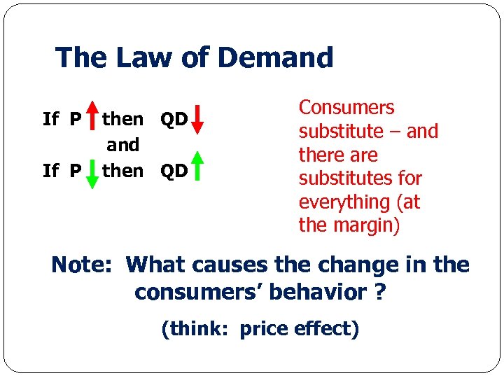 The Law of Demand If P then QD and then QD Consumers substitute –