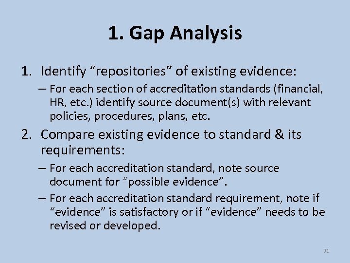 1. Gap Analysis 1. Identify “repositories” of existing evidence: – For each section of