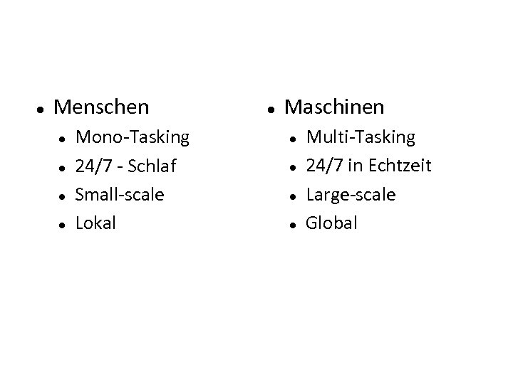  Menschen Mono-Tasking 24/7 - Schlaf Small-scale Lokal Maschinen Multi-Tasking 24/7 in Echtzeit Large-scale