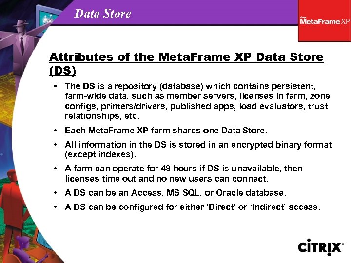 Data Store Attributes of the Meta. Frame XP Data Store (DS) • The DS