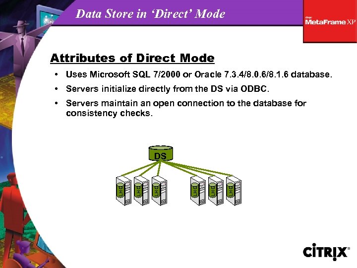 Data Store in ‘Direct’ Mode Attributes of Direct Mode • Uses Microsoft SQL 7/2000