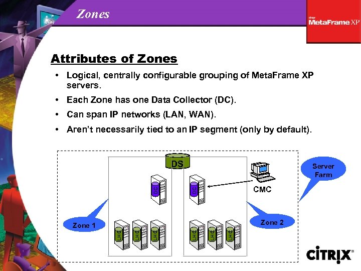 Zones Attributes of Zones • Logical, centrally configurable grouping of Meta. Frame XP servers.