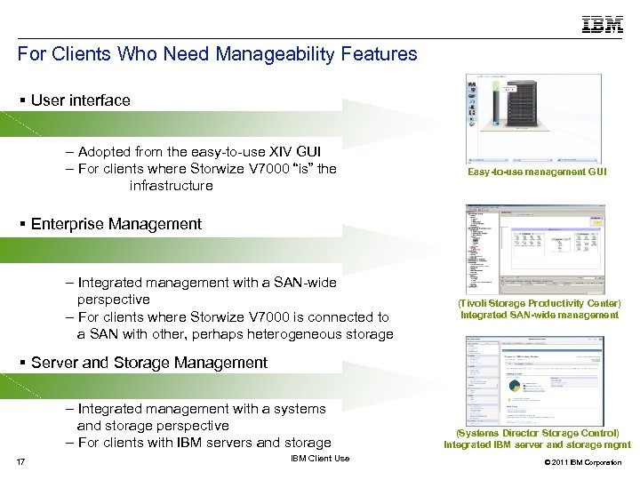 For Clients Who Need Manageability Features User interface – Adopted from the easy-to-use XIV