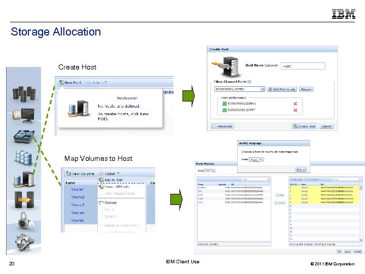 Storage Allocation Create Host Map Volumes to Host 20 IBM Client Use © 2011
