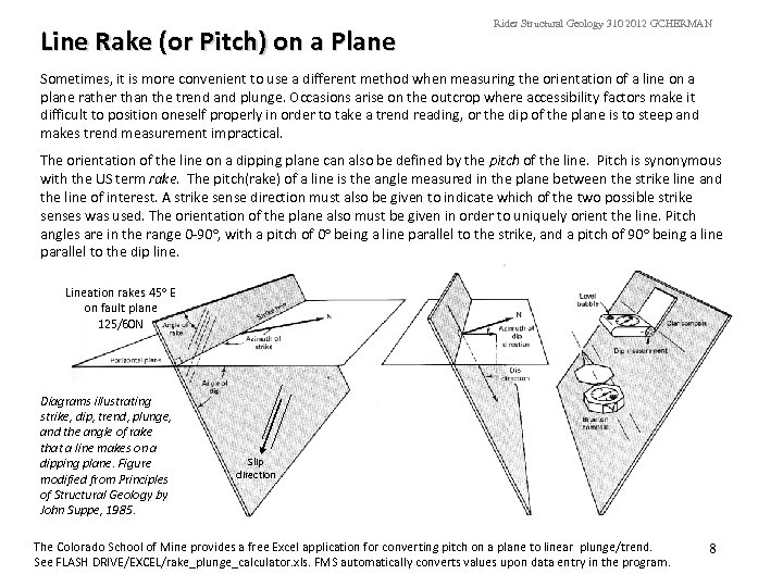 Line Rake (or Pitch) on a Plane Rider Structural Geology 310 2012 GCHERMAN Sometimes,