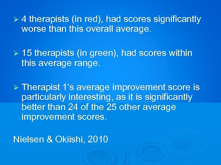 Ø 4 therapists (in red), had scores significantly worse than this overall average. Ø