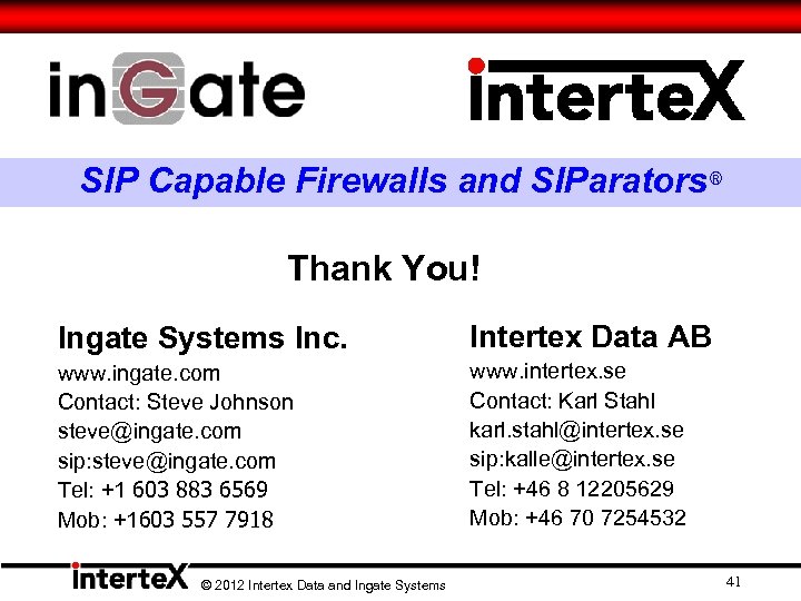 SIP Capable Firewalls and SIParators® Thank You! Ingate Systems Inc. Intertex Data AB www.