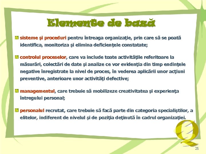 Elemente de baza sisteme şi proceduri pentru întreaga organizaţie, prin care să se poată