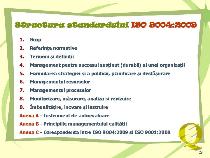 Structura standardului ISO 9004: 2009 1. Scop 2. Referințe normative 3. Termeni și definiții