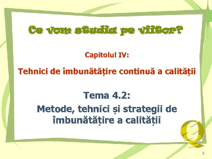 Ce vom studia pe viitor? Capitolul IV: Tehnici de îmbunătățire continuă a calității Tema