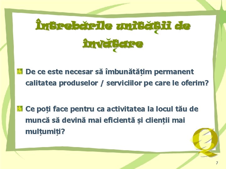 Întrebarile unitatii de învatare De ce este necesar să îmbunătățim permanent calitatea produselor /