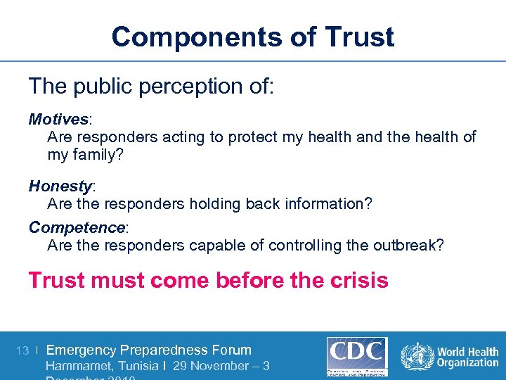 Components of Trust The public perception of: Motives: Are responders acting to protect my