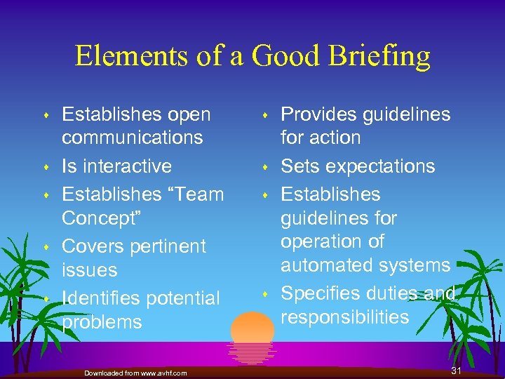 Elements of a Good Briefing s s s Establishes open communications Is interactive Establishes