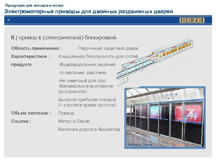 Продукция для поездов и метро Электромоторные приводы для двойных раздвижных дверей 15 II. )