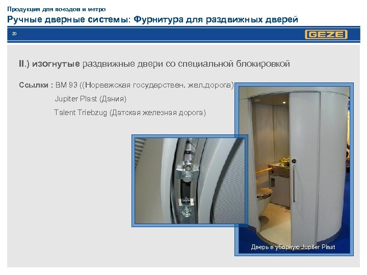 Продукция для поездов и метро Ручные дверные системы: Фурнитура для раздвижных дверей 20 II.
