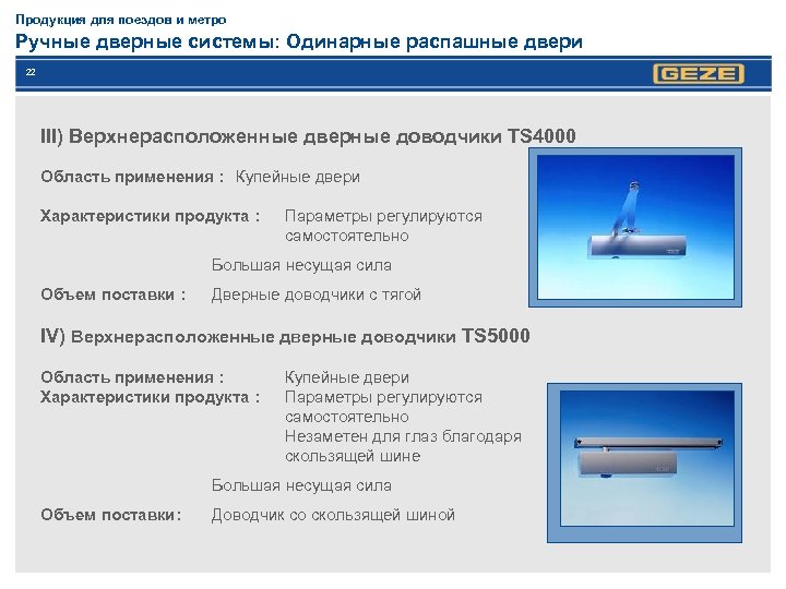Продукция для поездов и метро Ручные дверные системы: Одинарные распашные двери 22 III) Верхнерасположенные