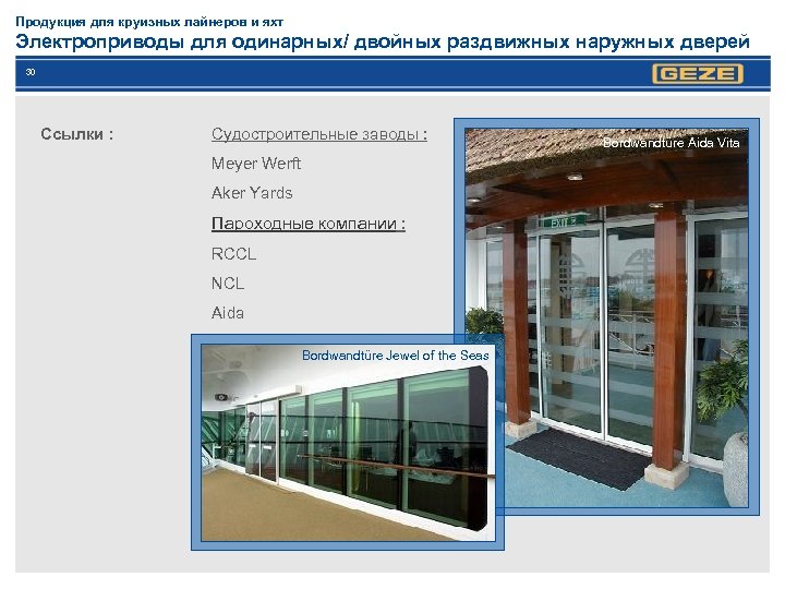 Продукция для круизных лайнеров и яхт Электроприводы для одинарных/ двойных раздвижных наружных дверей 30