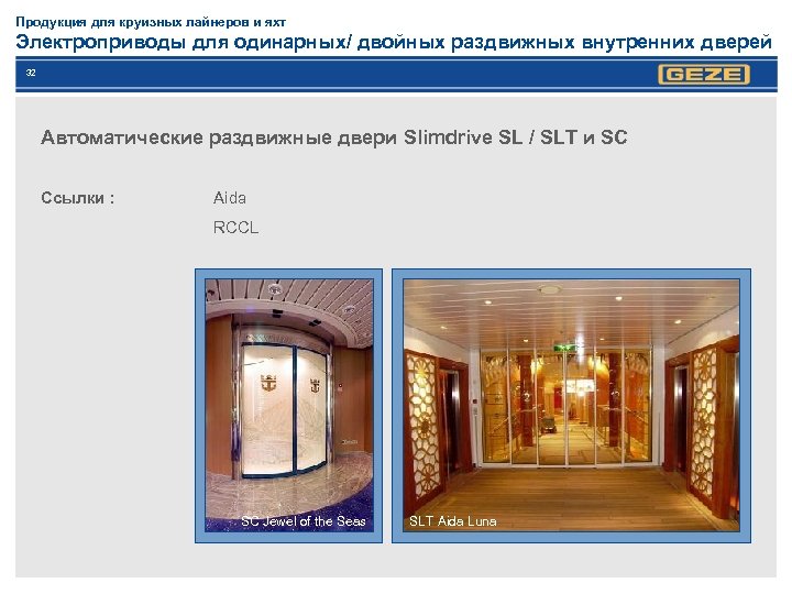Продукция для круизных лайнеров и яхт Электроприводы для одинарных/ двойных раздвижных внутренних дверей 32