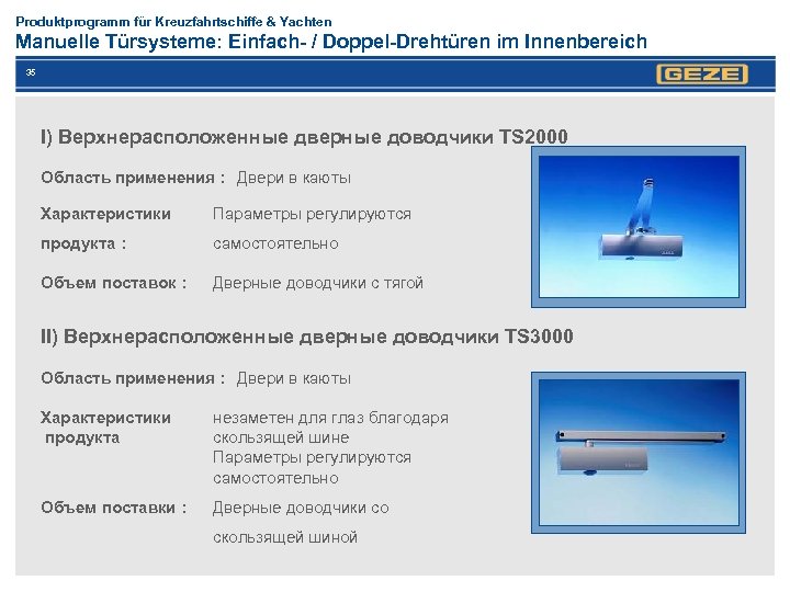 Produktprogramm für Kreuzfahrtschiffe & Yachten Manuelle Türsysteme: Einfach- / Doppel-Drehtüren im Innenbereich 35 I)