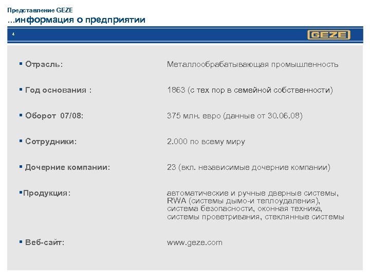 Представление GEZE . . . информация о предприятии 4 § Отрасль: Металлообрабатывающая промышленность §