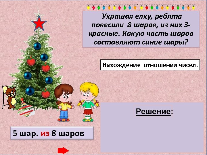 Украшая елку, ребята повесили 8 шаров, из них 3 красные. Какую часть шаров составляют