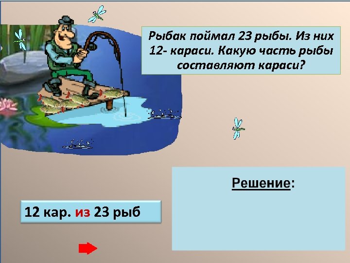 Рыбак поймал 23 рыбы. Из них 12 - караси. Какую часть рыбы составляют караси?