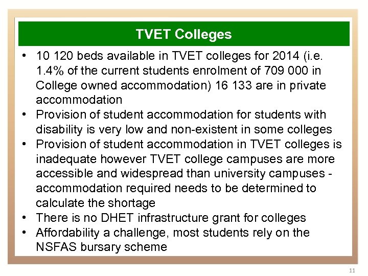 TVET Colleges • 10 120 beds available in TVET colleges for 2014 (i. e.