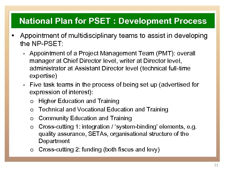 National Plan for PSET : Development Process • Appointment of multidisciplinary teams to assist