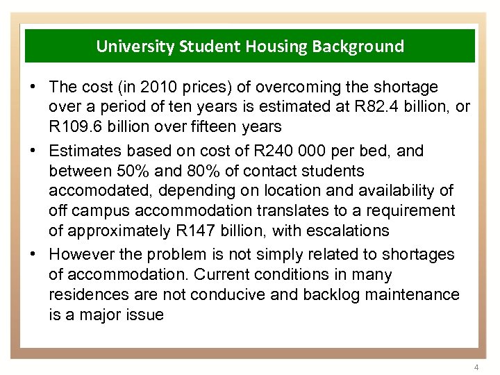 University Student Housing Background • The cost (in 2010 prices) of overcoming the shortage