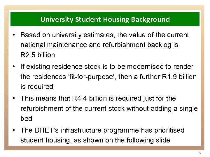 University Student Housing Background • Based on university estimates, the value of the current