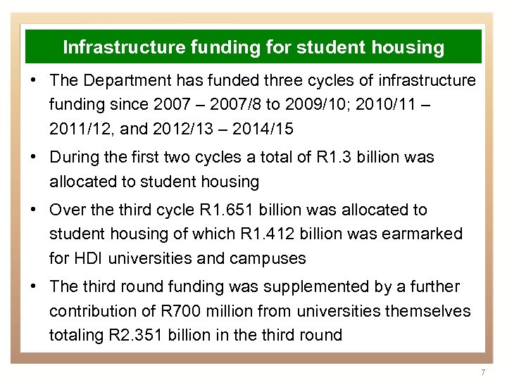 Infrastructure funding for student housing • The Department has funded three cycles of infrastructure