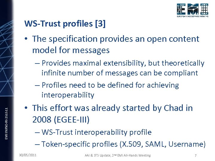 WS-Trust profiles [3] • The specification provides an open content model for messages EMI