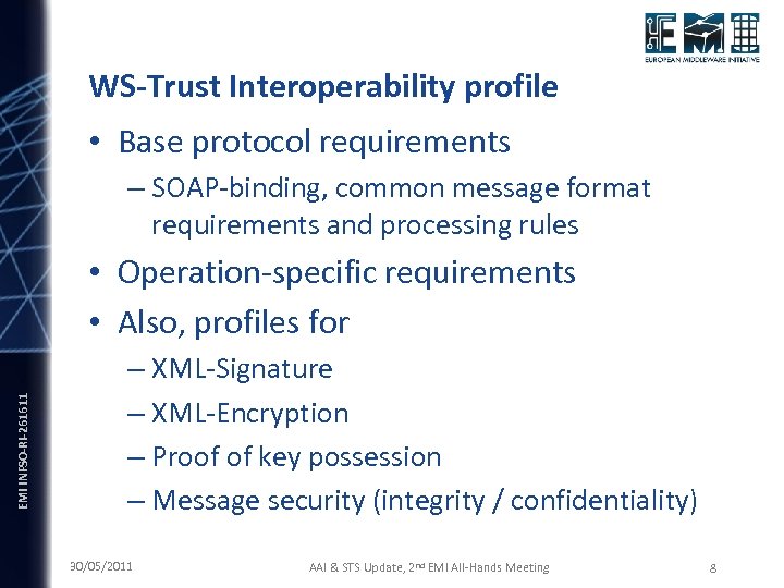 WS-Trust Interoperability profile • Base protocol requirements – SOAP-binding, common message format requirements and