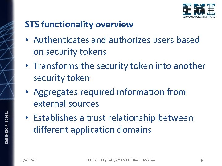 EMI INFSO-RI-261611 STS functionality overview • Authenticates and authorizes users based on security tokens