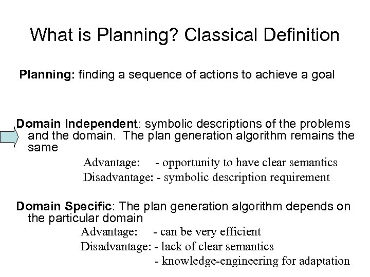 What is Planning? Classical Definition Planning: finding a sequence of actions to achieve a