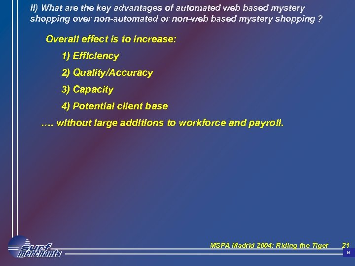 II) What are the key advantages of automated web based mystery shopping over non-automated