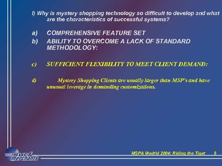 I) Why is mystery shopping technology so difficult to develop and what are the