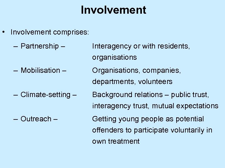 Involvement • Involvement comprises: – Partnership – Interagency or with residents, organisations – Mobilisation