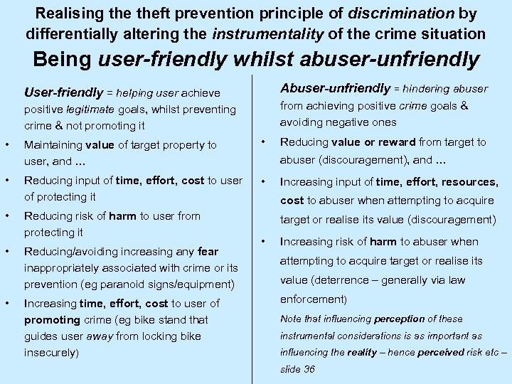 Realising theft prevention principle of discrimination by differentially altering the instrumentality of the crime