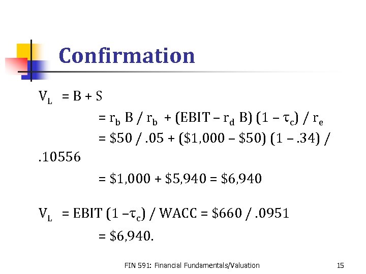 Confirmation VL = B + S = rb B / rb + (EBIT –