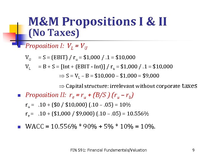 M&M Propositions I & II (No Taxes) n Proposition I: VL = VU VU
