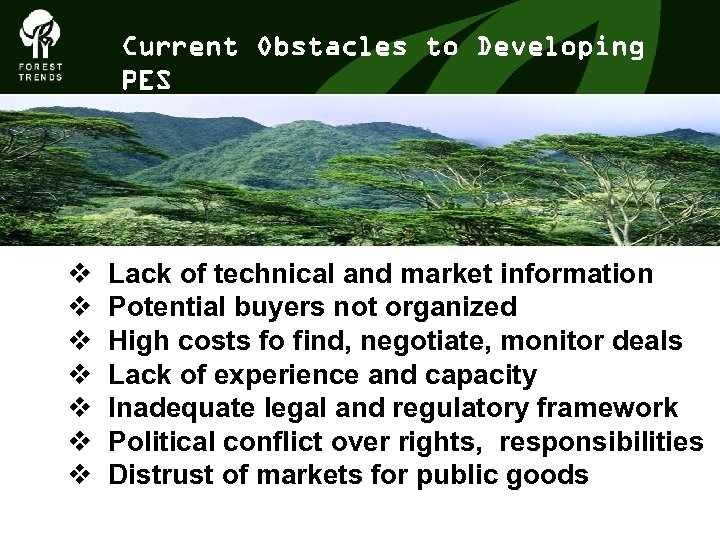 Current Obstacles to Developing PES v v v v Lack of technical and market