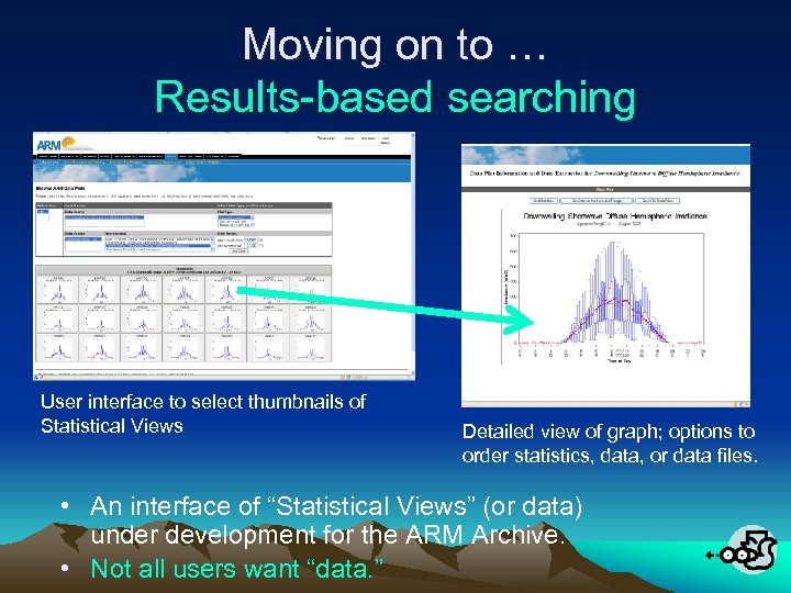Moving on to … Results-based searching User interface to select thumbnails of Statistical Views