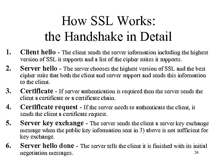 How SSL Works: the Handshake in Detail 1. Client hello - The client sends