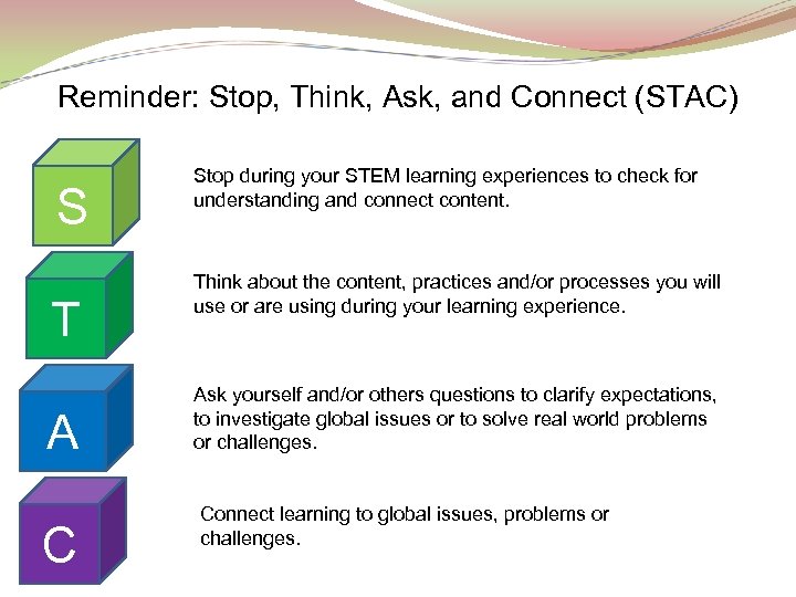 Reminder: Stop, Think, Ask, and Connect (STAC) S T A C Stop during your