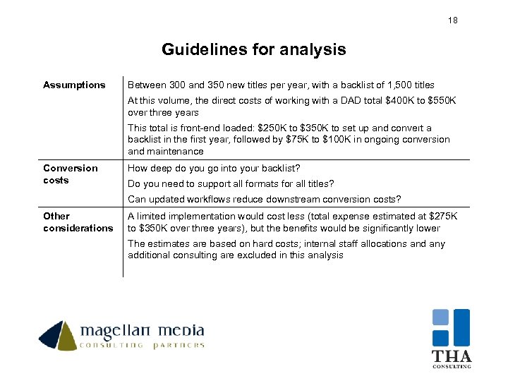 18 18 Guidelines for analysis Assumptions Between 300 and 350 new titles per year,