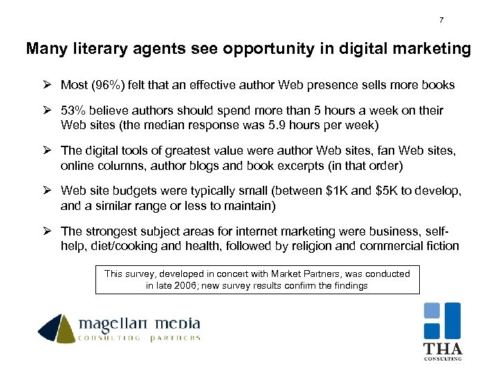 7 7 Many literary agents see opportunity in digital marketing Ø Most (96%) felt