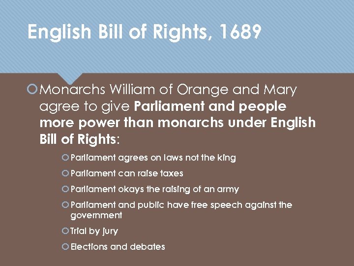 English Bill of Rights, 1689 Monarchs William of Orange and Mary agree to give