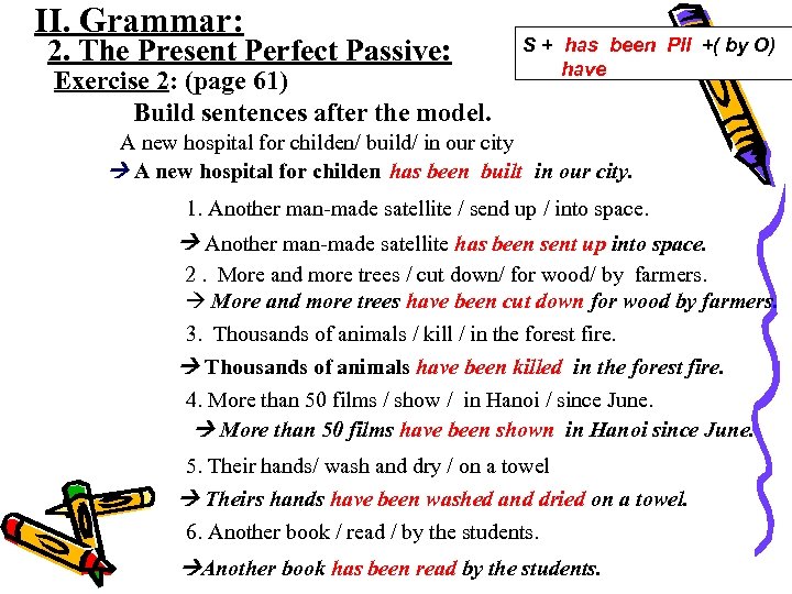 II. Grammar: 2. The Present Perfect Passive: Exercise 2: (page 61) Build sentences after